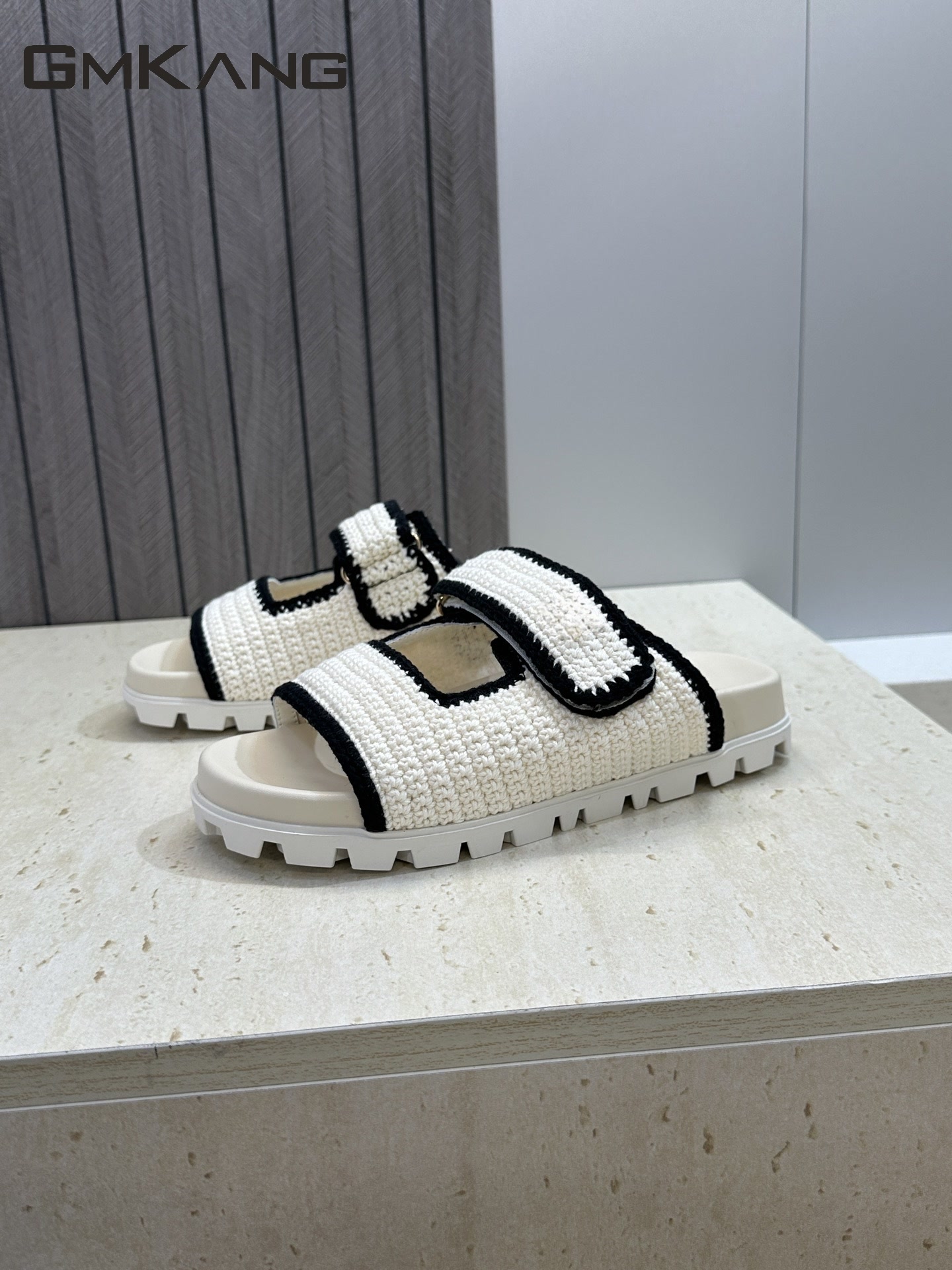 Velcro Strap Sandal - Women Knitted Slide Sandals Velcro Strap