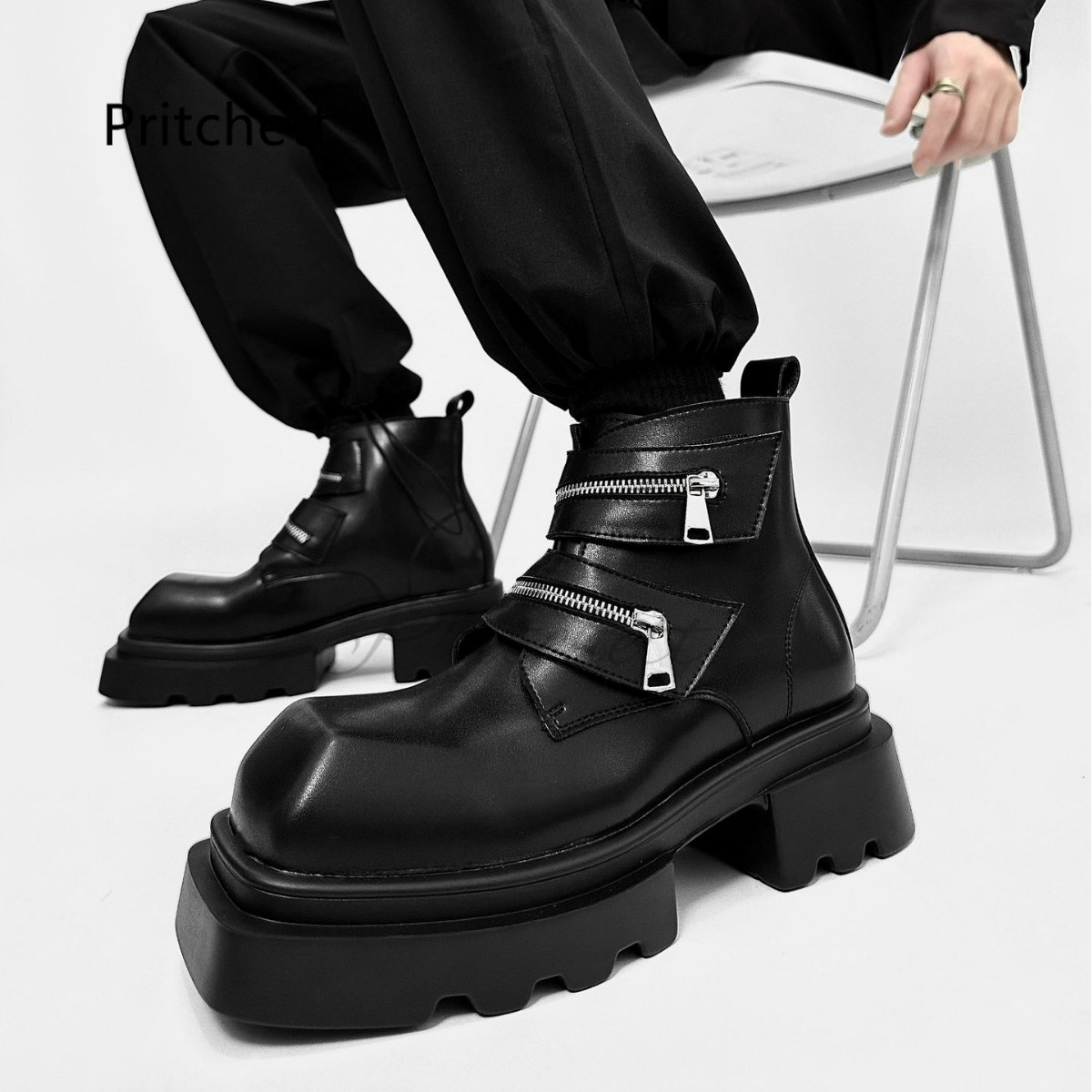 Men'S Shoes Zipper - Square Toe Thick Soled Men's Motorcycle
