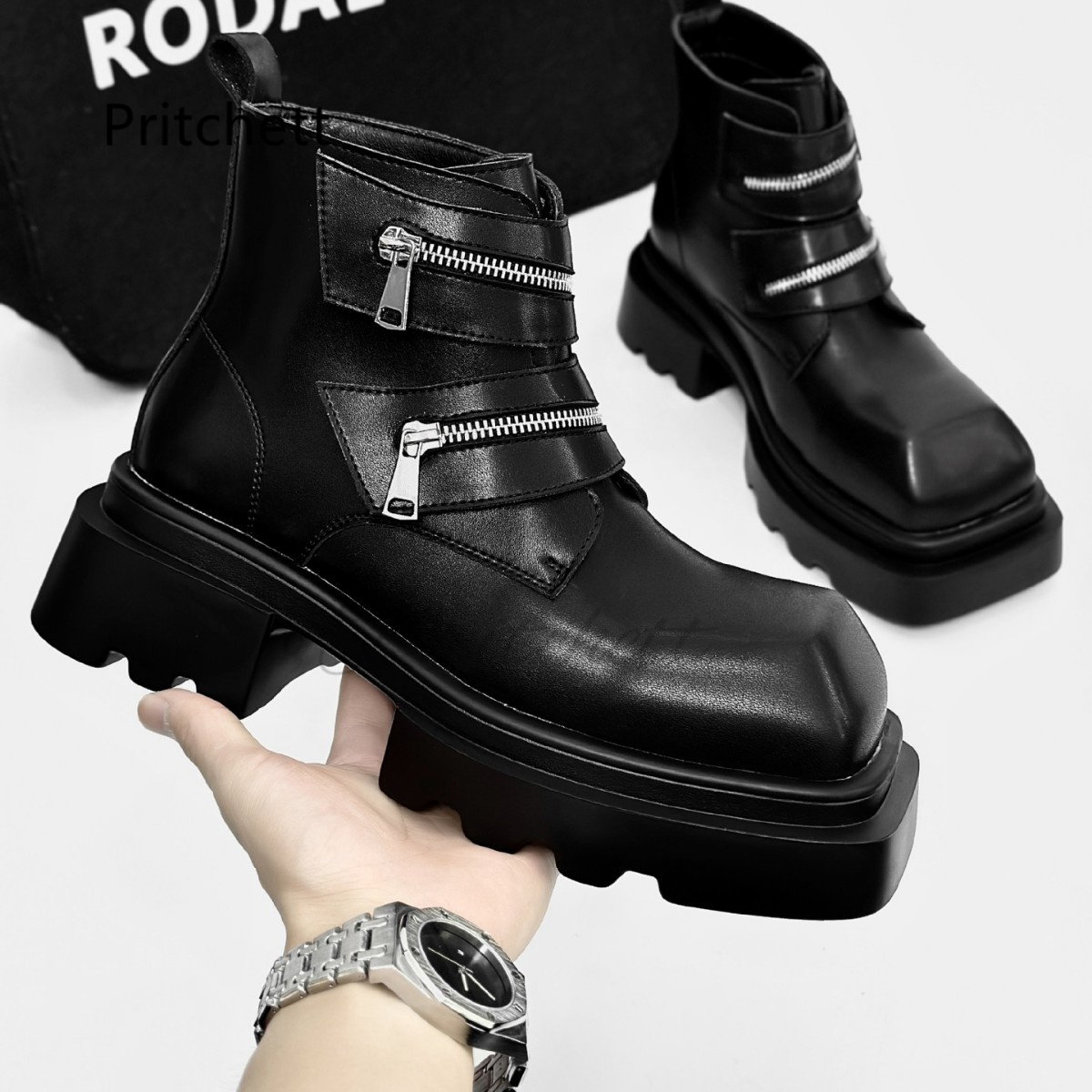 Square Toe Thick Soled Men's M - Men'S Shoes Zipper 评论和价格